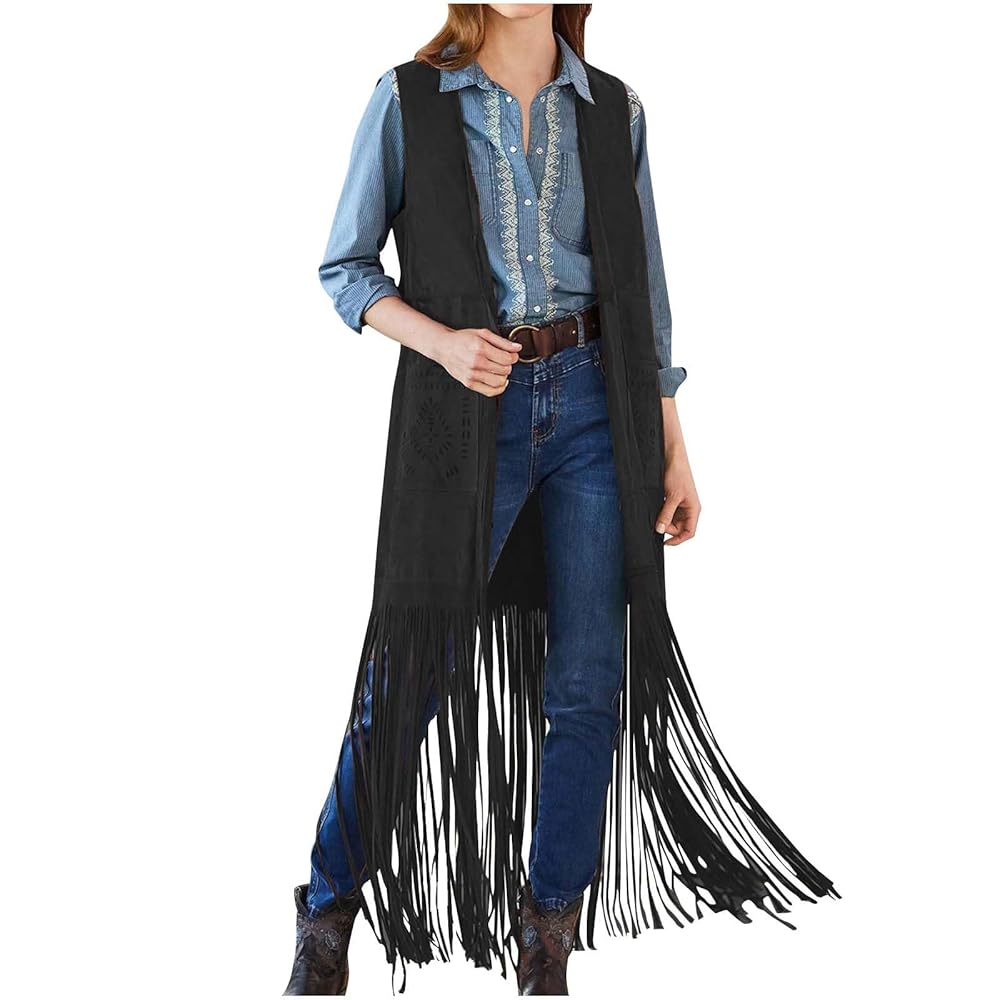 Acka fringe flower long vest サイズ2 Women Fringe Tassel Vest 70s Vintage Western Cowgirl Long